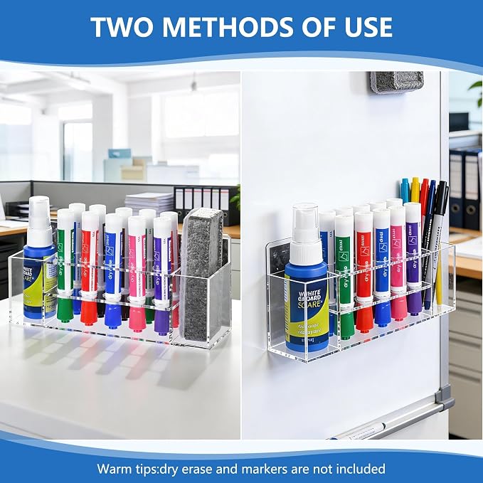 Acrylic Magnetic Dry Erase Marker Holder, 10 Slots Clear Magnetic Marker Pen Holder, 2PCS Magnet Storage for Whiteboard, Desk Locker Organizer Accessories, Office, Classroom, Home
