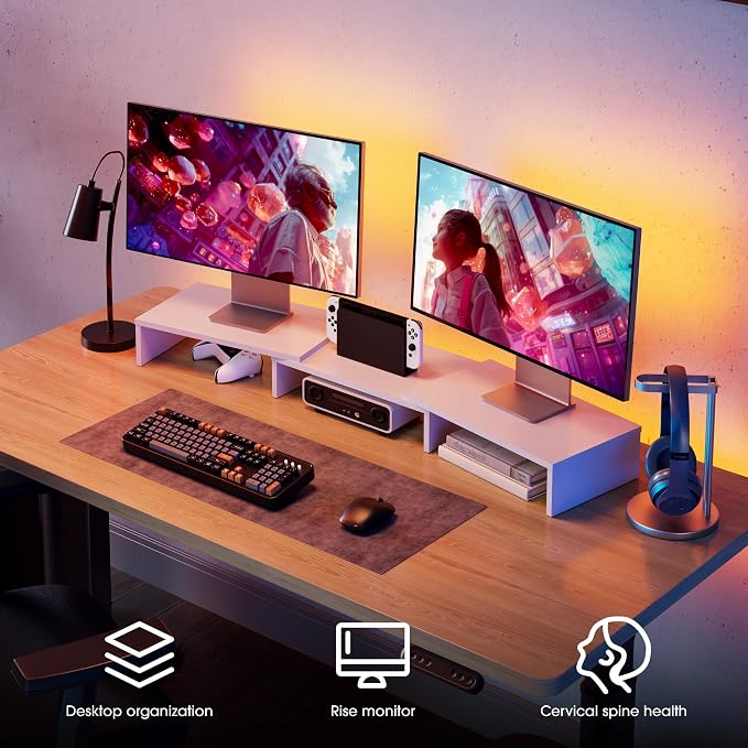 FITUEYES Dual Monitor Stand Riser, Adjustable Length and Angle, White | Wooden 3-Shelf Design, Supports up to 55lbs, Flexible for Standard Corner Space, Holds Monitor, Laptop, Phone, Printer