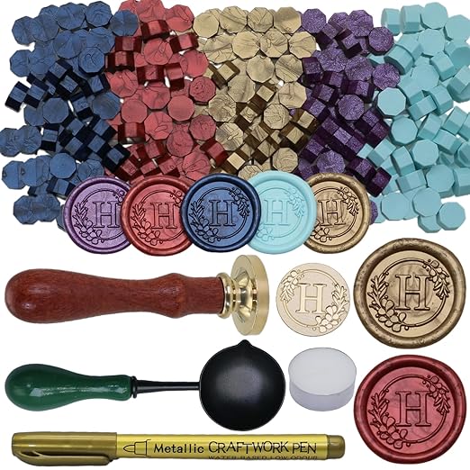 Initial Alphabet H Wax Seal Stamp Set, Retro Letter Sealing Stamp with 150Pcs Sealing Wax Beads in 5 Color, Melt Spoon Pen Kit for Wedding and Christmas (H)