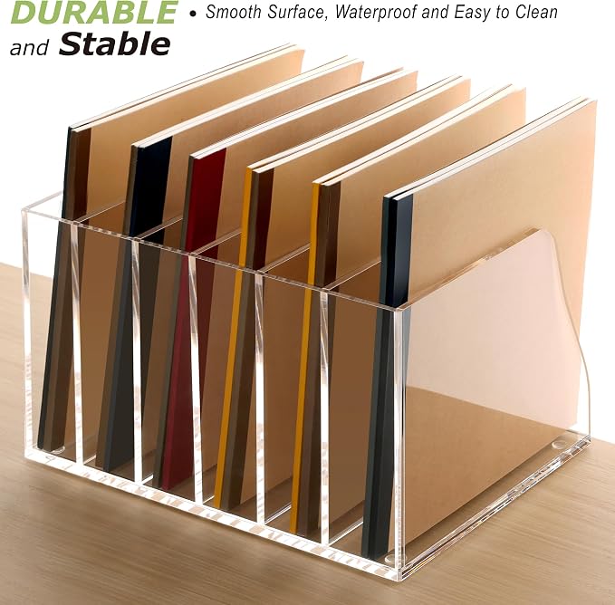 SANRUI Acrylic Desk File Organizer, Clear Magazine File Holder 6 Slot | Vertical Workspace Sorters, Folder Rack for Office Accessories Organization Storage