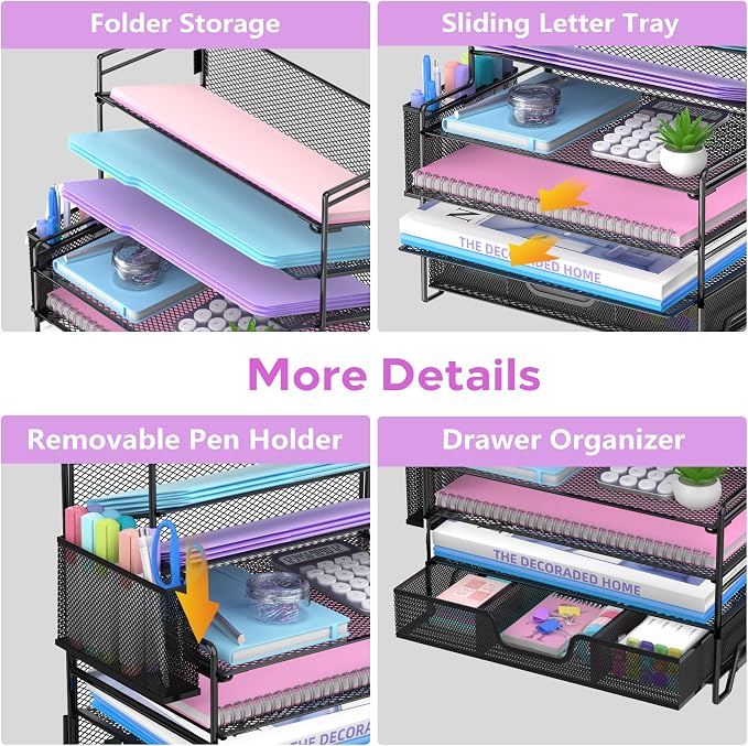 7-Tier Desk Organizer with Drawer and Pen Holder, Metal Letter Tray, Black | Metal Mesh File Organizer with Drawer for Paper, Notes and Office Supplies at Home, School or In the Classroom