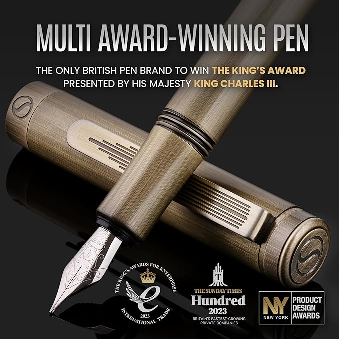 Scriveiner Luxury EDC Fountain Pen (Fine), Bronze Pocket EDC with Hand Brushed Finish, Schmidt German Nib Converter, Best Writing Gift Set for Men & Women, Fancy Pen for the Office & Journaling
