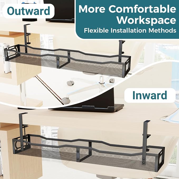 Cable Management Under Desk, 25.3'' No Drill Desk Cable Management Tray with Clamp, Metal Cord Organizer for Standing Desk, Computer Wire Management for Home Office & Gaming Setup, Black