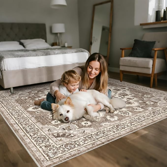 TOPRUUG Washable 6x6 Rug Square - Ultra Soft Living Room Area Rug Under Sofa Non-Slip Rugs for Bedroom Dining Room - Stain Resistant Farmhouse Decor for Family with Pets & Kids (Beige, 6x6)