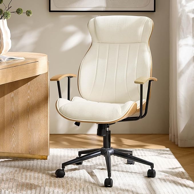HULALA HOME Solid Wood Office Chair with High Backrest, Ivory | Mid Century Modern Bentwood Desk Chair with Tilt Function, Swivel Fabric Computer Task Chair, Height Adjustable, Metal Base