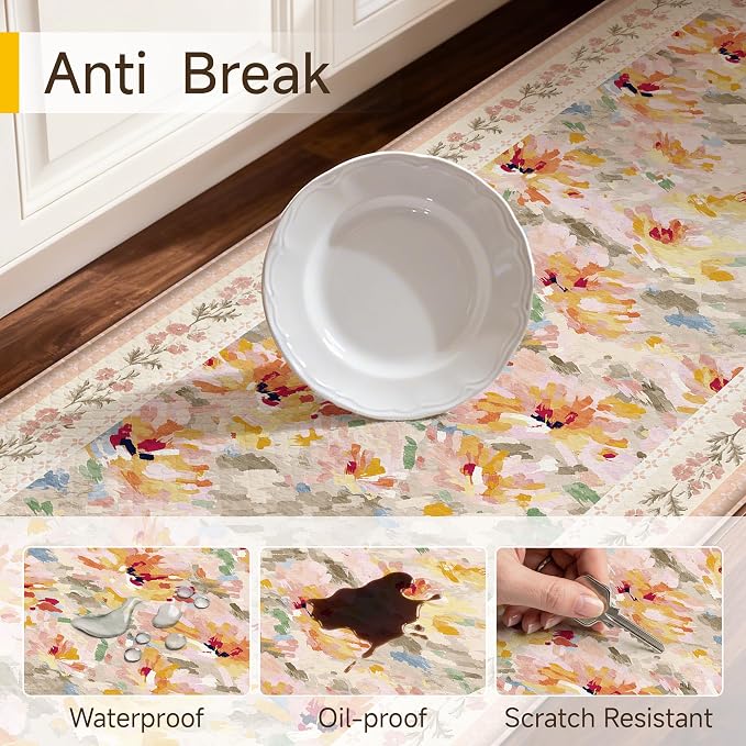 Anti Fatigue Kitchen Mats 2PCS Thick Non Slip Cushioned Rugs Beige Abstract Floral Waterproof Comfort Standing Mats for Floor Sink Laundry Office 17.3"×47"+17.3"×30"