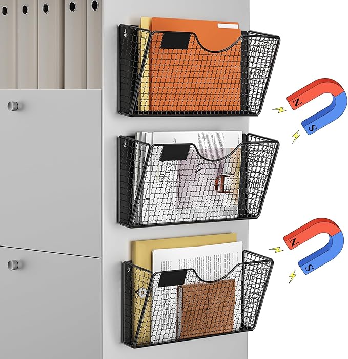 MFTEK Magnetic File Holder, 3 Pockets Magnetic File Folder Holder No Drilling Magnet Paper Mail Organizer Magazine Basket, Hanging Wall Storage Rack for Fridge Cabinets Office Classroom