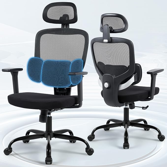 Ergonomic Office Desk Chair, High Back Breathable Mesh Computer Chair, 3D Lumbar Support, 2D Headrest & 3D Armrests, 300lbs Heavy Duty Task Chair for Home Office Work Gaming, Black