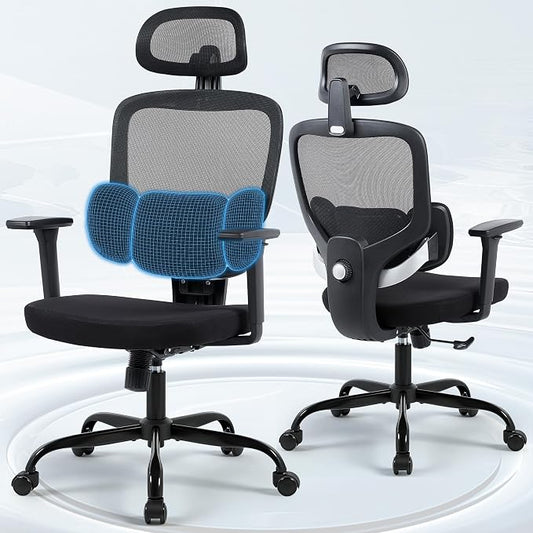 Ergonomic Office Desk Chair, High Back Breathable Mesh Computer Chair, 3D Lumbar Support, 2D Headrest & 3D Armrests, 300lbs Heavy Duty Task Chair for Home Office Work Gaming, Black