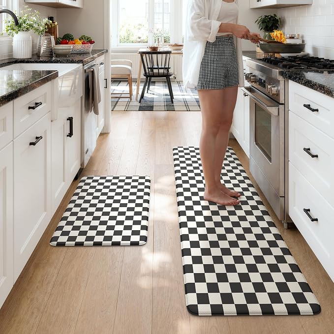 KIMODE Anti Fatigue Mats for Kitchen Floor,Checkered Kitchen Rugs Sets of 2 | 20"x59"+20"x32" Farmhouse Kitchen Floor Mats Non Slip, Cushioned Laundry Room Rug, Plaid Standing Desk Mat for Office Dorm