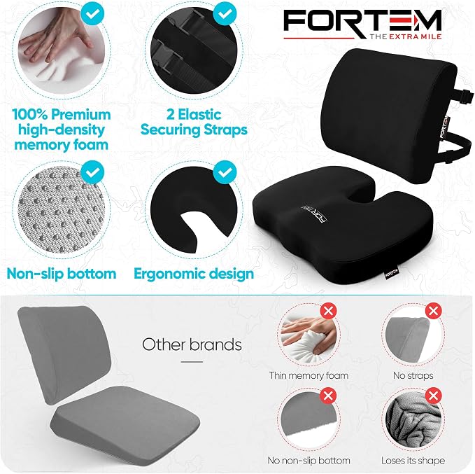 FORTEM Seat Cushion, Office Chair Cushion, Lumbar Support Pillow for Office Chair, Memory Foam Car Seat Cushions, Sciatica Coccyx Tailbone Pain Relief, Cushions for Back Support, Washable, Non Slip