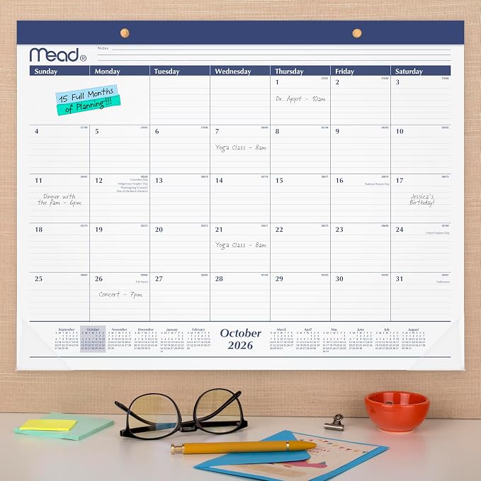 Mead 2027 Desk Pad Calendar, Monthly Desk Wall Planner, 15-Month Oct-Dec, 21.75" x 17" (CRM9202027)