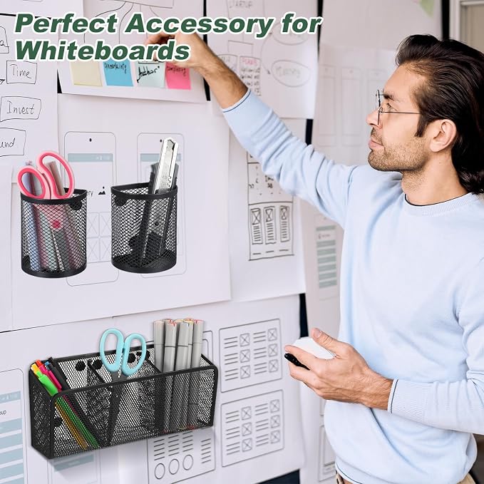 4 Pack Magnetic Pencil Holder for Whiteboard - Multi-Compartment Magnet Pen Holder Storage Basket Organizer for Locker, Refrigerator, Classroom & Office Supplies (Black)