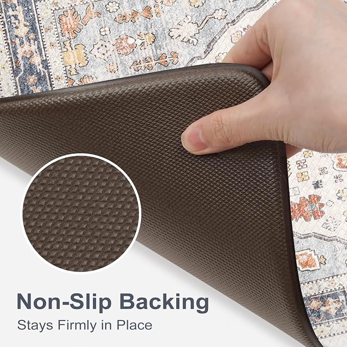 Collive Boho Kitchen Mats for Floor 2 PCS, Cushioned Anti Fatigue Kitchen Floor Mat Non-Skid Waterproof Sink Rug, Blue/Multi Comfort Standing Desk Mat for Office, Home, 17.3"x29"+17.3"x47"