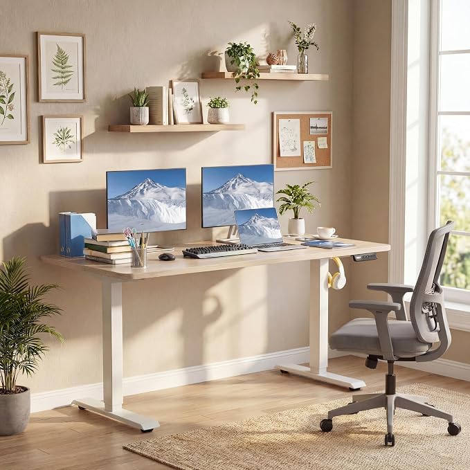 Electric Standing Desk with Power Outlets and USB-C Port, 48 x 24 Inches Adjustable Height Sit Stand Up Desk for Home Office, Adjustable Desk with Memory Preset and Wheels, Oak