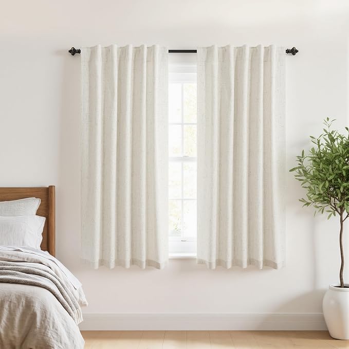 KOUFALL Short Linen Blackout Curtains 42 Inch for Small Windows, Boho RV Curtains for Camper Windows, Thermal Curtains for Kitchen Bedroom, Wide 42x42 Inches Long, Cream Beige