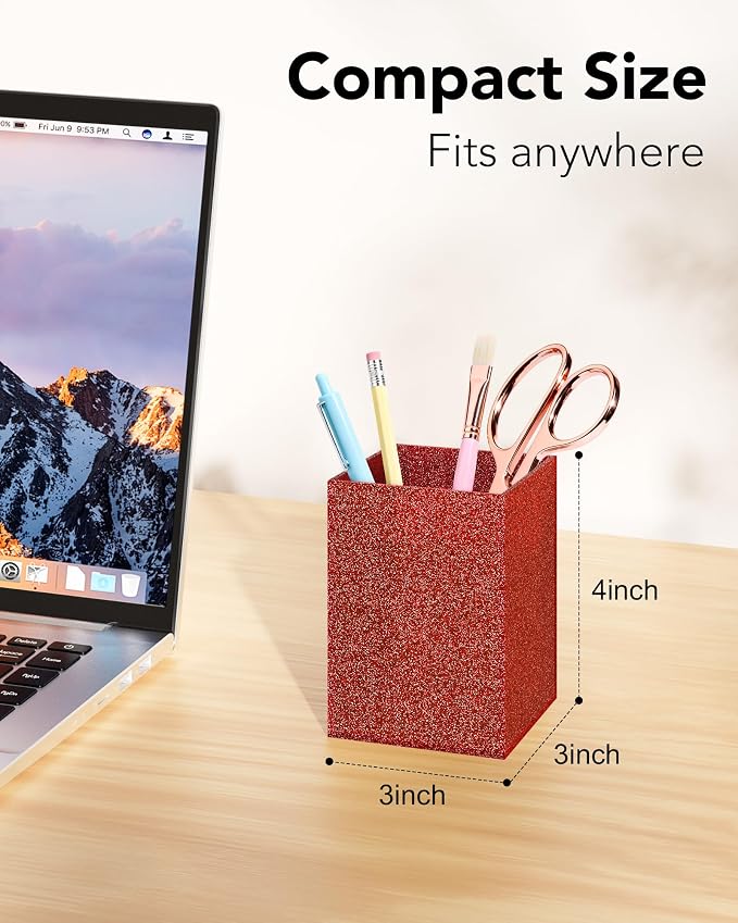 Acrylic Pen Holder Desk Organizer for Office, Red Glitter | Sparkling glitter acrylic makeup brush and pencil holder for desk, Modern desktop organizer for home, school and office