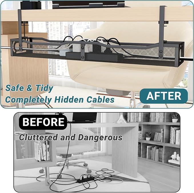 Cable Management Under Desk, 25.3'' No Drill Desk Cable Management Tray with Clamp, Metal Cord Organizer for Standing Desk, Computer Wire Management for Home Office & Gaming Setup, Black