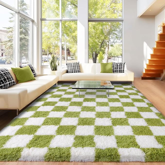 Area Rugs for Living Room 9x12, Ultra Fluffy Shag Checkered Rug Modern Washable Carpet Soft Shaggy Non Slip Indoor Plush Fuzzy Rugs for Bedroom Dorm Office Home Aesthetic Decor, Cream and Green