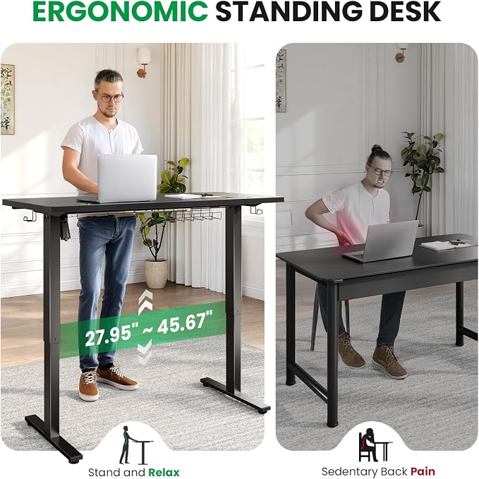 SIAGO Black 47x24 in Electric Standing Desk, 0.8 Inch Thick Tabletop | Holds 200lbs, Sit Stand, 3 Memory Height Adjustment, Extra Deep Table Top, Black Frame