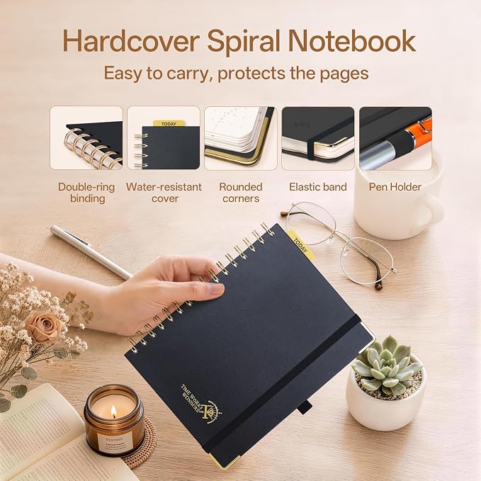 POPRUN Dotted Journal Spiral Notebook, A5 Bullet Dot Grid Journals for Women Men, 120 GSM Thick Paper, 141 Pages Hardcover Notebooks for Journaling, Drawing, Writing, 5.75'' x 8.25'', Black