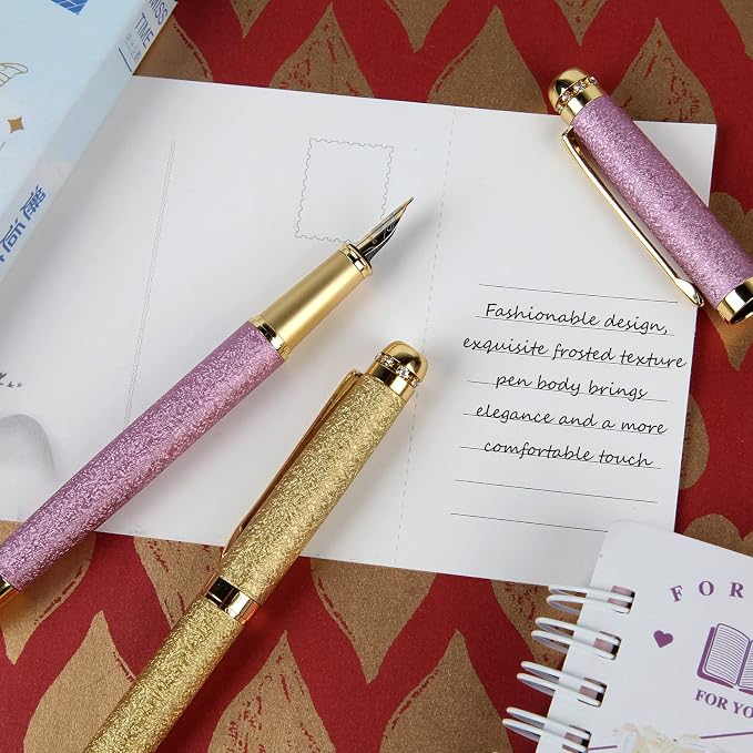 fountain pen-Multiple color styles with rhinestone,diamond inlay and frosted finish,Cute pens,Luxury pen,Office pens,Best pen set,Includes 10 Ink Cartridges and Ink Refill Converter(Gold)
