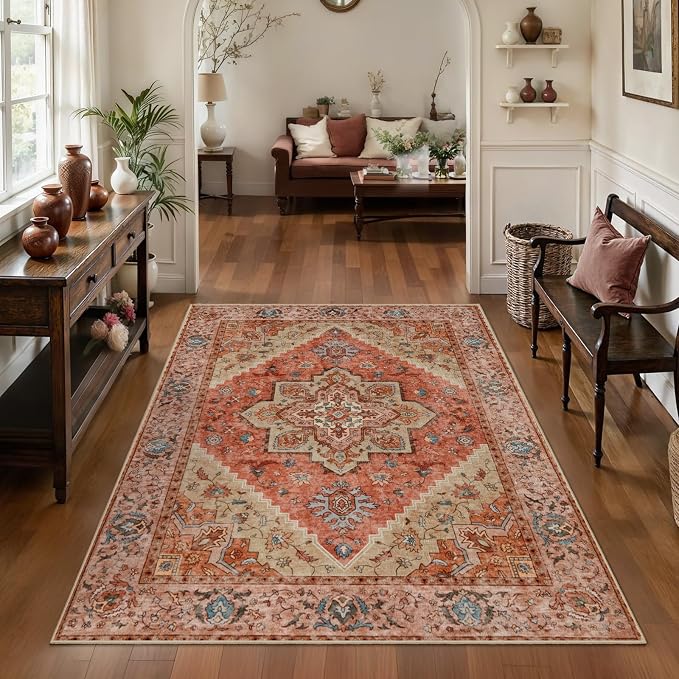 Tangsoo 3x5 Rug, Washable Vintage Rugs Indoor Area Rug, Non Slip Accent Rug, Print Distressed Carpet, Soft Low Pile Rug for Living Room Dorm Bedroom Bedside Entryway Bathroom Terracotta/Multi