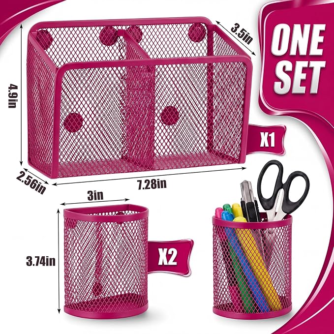Marspark 3 Pcs Magnetic Pen Holder Set Metal Pencil Holder with Strong Magnets Wire Mesh Storage Basket Organizer for Locker Accessories Whiteboard Refrigerator School Office Dorm(Pink)