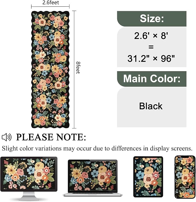 DUKINO 2.6x8 Runner Rug for Hallway, Washable Kitchen Rug with Non Slip Backing & Non-Shediing, Soft Low Pile Floral Design Runner for Bedroom, Kithchen, Living Room, Laundry, Bathroom, Black