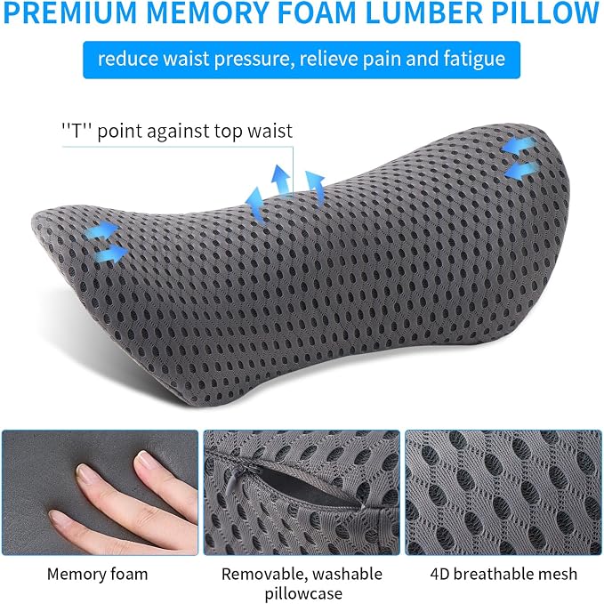 Lumbar Pillow, Memory Foam Lumbar Support Pillow for Office Chair and Car Seat, Back Support Pillow for Lower Back Pain Relief, Support Cushion Back Pillow for Sleeping, Driving, Resting