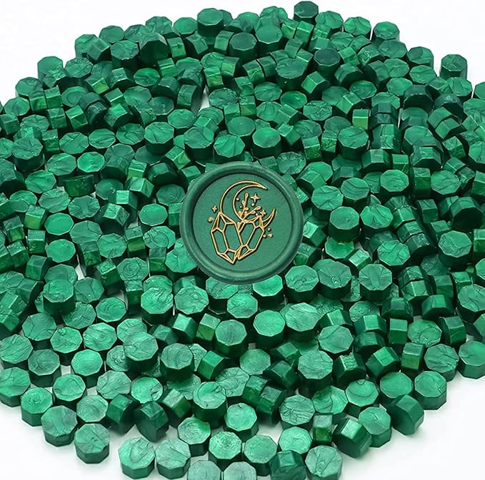 SWANGSA Sealing Wax Kit, 1450pcs Sealing Wax Beads Metallic Green, Wax Seal Warmer, Wax Spoon, Gold Wax Seal Pen and Tealight Candles for Wax Stamp Letter Sealing