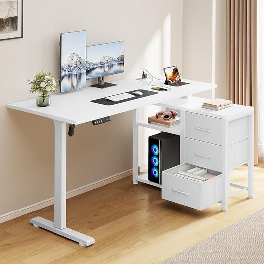 47 Inch L Shaped Desk with 3 Drawers Electric Standing Desks with Storage Computer Table Adjustable Height with Power Outlets 4 Memory Presets for Home Office, White | with Storage Computer Table Adjustable Height with Power Outlets 4 Memory Presets fo...