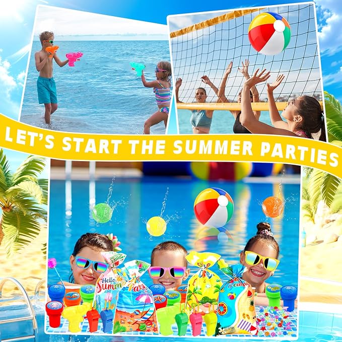 182 Pcs Pool Party Favors Beach Party Favors, Summer Goodie Bag Stuffers for Kids 3-8 8-12 with Beach Balls, Sunglasses, Water Balls for Summer Birthday Party Favors