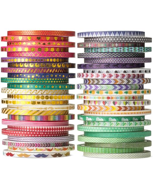 Mr. Pen- Skinny Washi Tape Set, 48 Rolls, Gold Foil Print, 3mm Wide | 5.5 Yards/Roll, Washi Tape for Scrapbook, Arts, Crafts, Journals and Planners