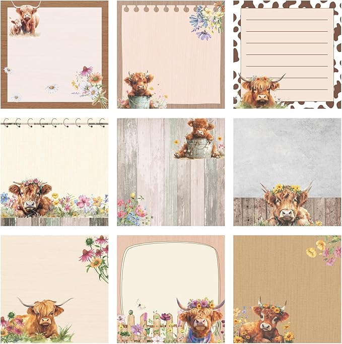 9 Pads Highland Cow Sticky Notes 3x3 Inch Cute Self Stick Notepads Notes Adhesive Memo Pad Office Decor Gifts for Students School Teacher Meeting Office Supplies
