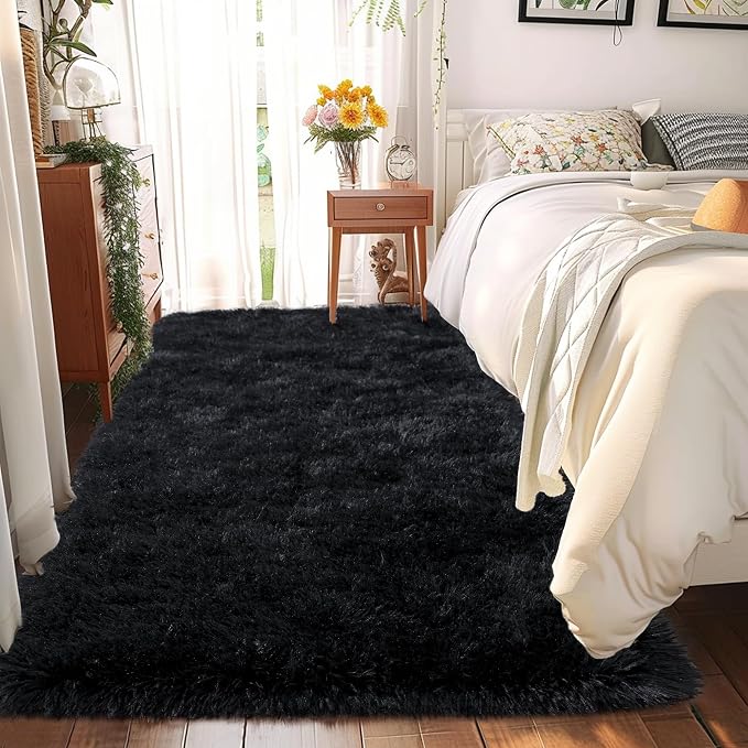 Awaytail 2x4ft Runner Rug - Non Slip Washable Hallway Fluffy Rug with Rubber Backing - Fluffy Rugs for Bedside Dorm - Black