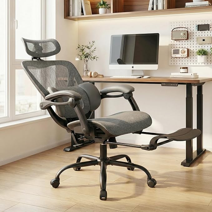 MALOL Ergonomic Mesh Office Chair with Footrest, Executive High Back Computer Desk Chair with 3D Adjustable Headrest & 5-Level Lumbar Support, Reclining Tilt Lock, 3D Arms, 300LBS Capacity, Grey
