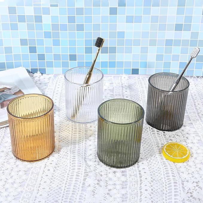 DASITON Makeup Brush Holder Organizer, Acrylic Makeup Brush Cup, Vintage Striped Make Up Brush Holder for Vanity, Bathroom Countertop, Toothbrush Holders, Pen Holder for Desk Storage (Black)