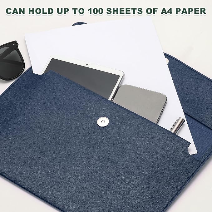 PATIKIL PU Leather A4 File Folder, Document Holder Filing Organizer Portfolio Envelope Folder Case with Snap Closure for Letter Receipt Style 2, Navy Blue