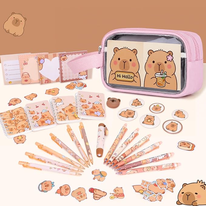 Capybara Backpack for School Girls, 30PCS Capybara Gifts School Supplies Stationery Set with Lunch Box Pencil Case Pens Pencils Notebook Cartoon for Kindergarten Elementary Student(Pink)