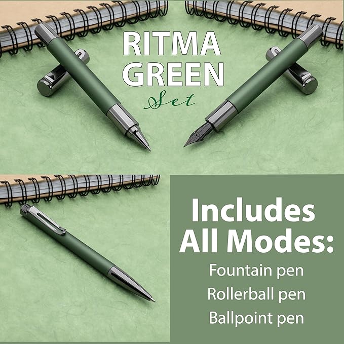 Monteverde Ritma 3+2 Piece Gift Set, Green - Includes Flex Nib Fountain Pen, Rollerball, Ballpoint, 30ml Ink & Refill - Ideal for Creative Writers & Collectors
