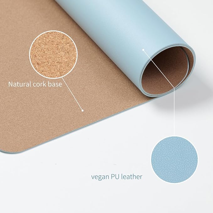 RENMTURE Dual-Sided Large Desk Pad, Faux Leather Natural Cork Mouse pad, Desk Accessories Protector, for Office and Home Work (Light Blue, 32"x16")