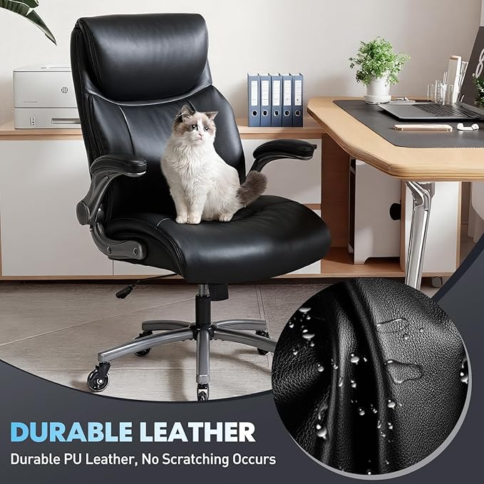 MALOL 300lbs Ergonomic PU Leather Office Chairs, High-Back y Home Computer Executive Chair with Lumbar Support and Flip-Up Arms, Black