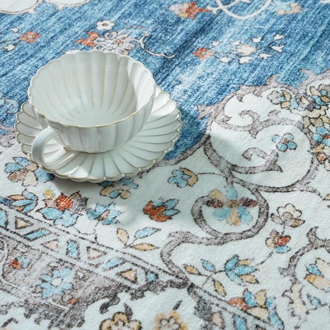 2x3 Washable Small Rug for Entryway: Indoor Vintage Oriental Area Rugs Stain Resistant Door Mat with Non Slip Backing Low Pile Thin Carpet for Bathroom (2x3 Blue/Beige)
