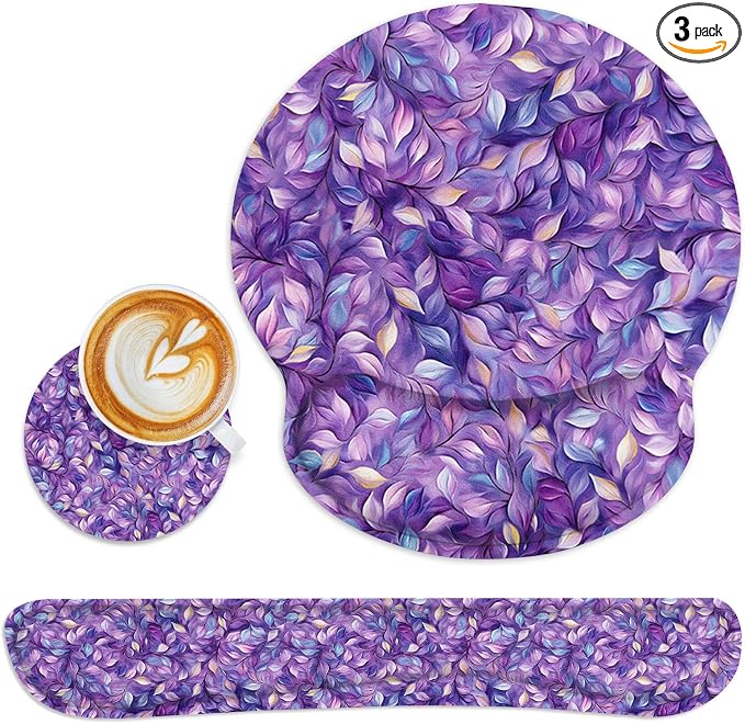 Britimes Purple Leaves Oil Painting Ergonomic Mouse Pad Set with Wrist Rest Non-Slip Rubber Base Wrist Cushion Support and Coasters Mousepad with Wrist Support for Computer Keyboard and Desk