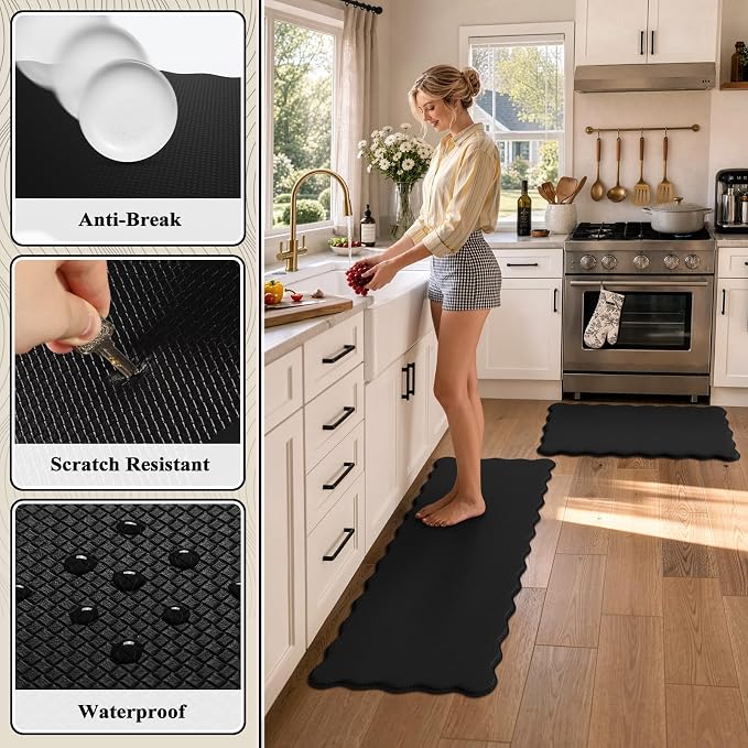 KIMODE Scalloped Kitchen Mats for Floor Cushioned Anti Fatigue Black Wavy | Paded Kitchen Floor Mat Non Slip,Farmhouse Kitchen Rugs Sink Sets of 2 Comfort Memory Foam Carpet for Office Laundry Dorm RV