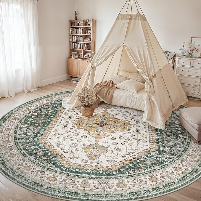 Puino 9FT Round Area Rugs for Living Room: Circle Rugs Machine Washable Oriental Low Pile Soft Non Slip Backing Vintage Indoor Rug for Bedroom Nursery Dining Room Home Office Green/Beige