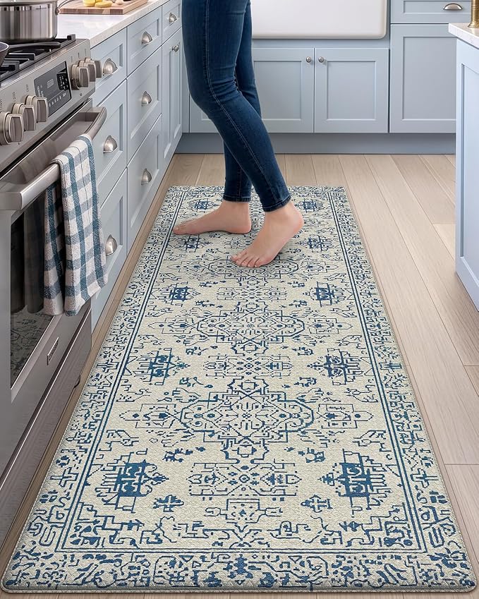 DEXI Kitchen Mats for Floor Cushioned, 23x59 Extra Large Wide Runner Rug Non Slip, Waterproof Soft Comfort Standing Padded Anti Fatigue Decorative, Blue and White