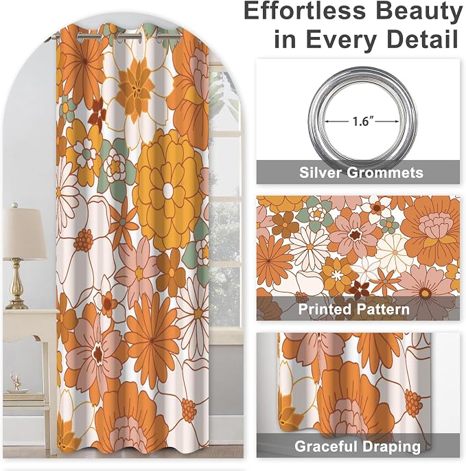 Boho Floral Blackout Curtains for Bedroom 84 inch Long 2 Panels Set, Bohemian Patterned Black Out Curtains for Living Room Farmhouse Grommet Heat Blocking Soundproof Room Darkening Window Drapes