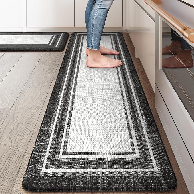 KIMODE Anti Fatigue Kitchen Mats,Non Slip Farmhouse Kitchen Rugs Sets 2 Piece,Waterproof Kitchen Mat for Floor,Cushioned Standing Mat for Office,Laundry,Sink,Desk,Black and Grey